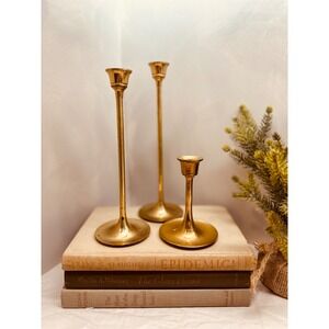 MCM Brass Candlesticks Set of 3 Flared Base Vintage Patina Mid Century